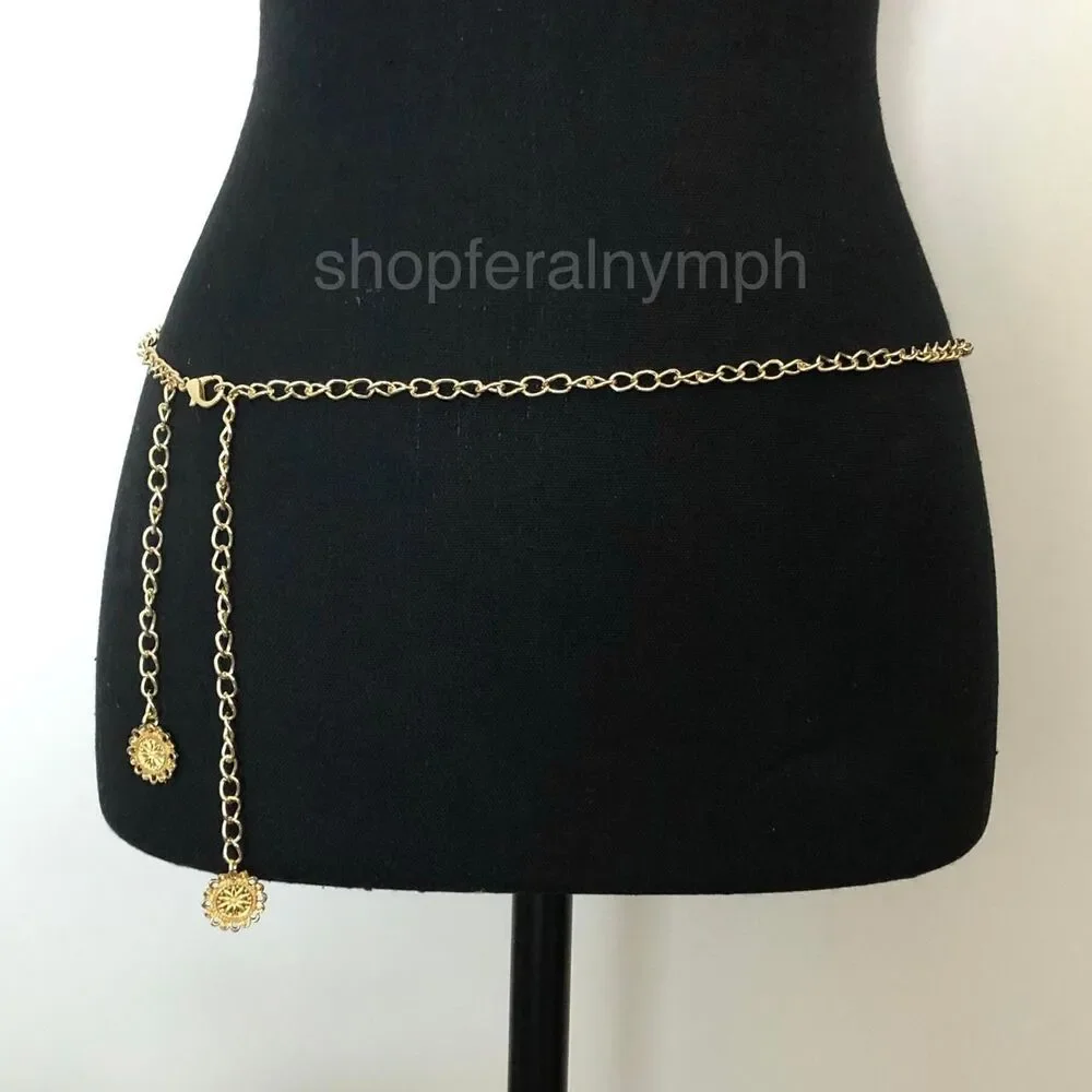 Y2K Rockstar Girlfriend Gold Layered Charm Chain Belt, Up to 37 Inches, X7GA1190